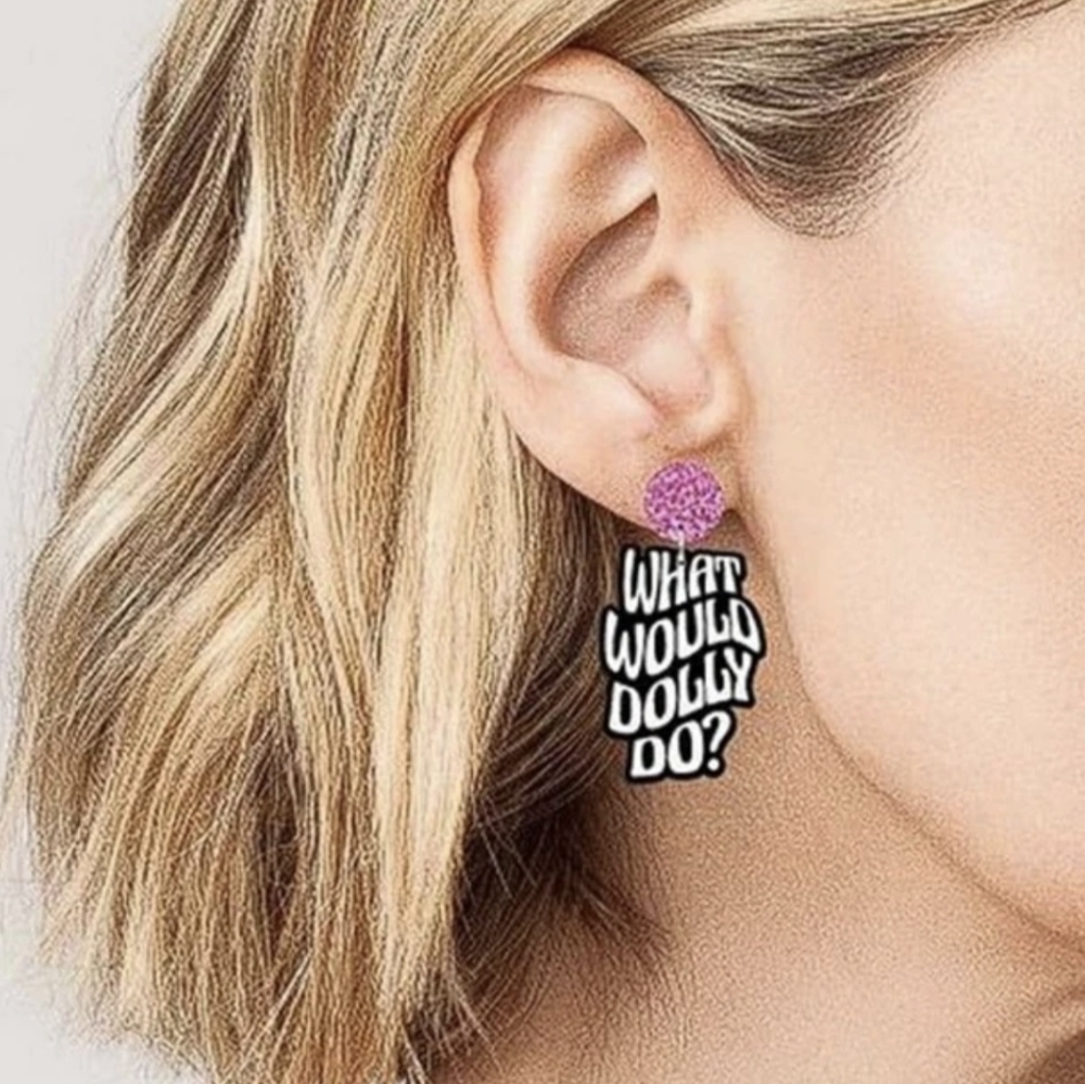 Dolly Parton What Would Dolly Do Charm Earrings Pink Glitter Black & White NWT - Picture 6 of 6